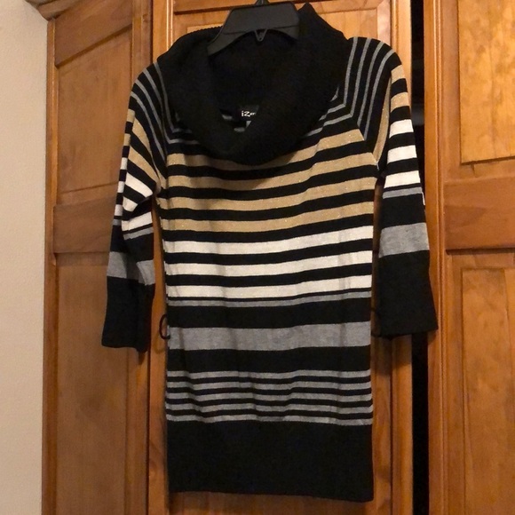 IZ Byer Sweater Black Tan Grey Stripe Cowl Neck - Picture 1 of 4